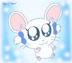  2022 accessory big_ears big_eyes bijou_(hamtaro) blue_ribbon bow_ribbon cricetid female feral fur hair_accessory hair_ribbon hairbow hamster hamtaro_(series) harmony_bunny mammal ribbons rodent solo whiskers white_body white_fur 