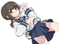  black_sailor_collar blue_ribbon blue_sailor_collar blue_skirt blush brown_eyes brown_hair closed_mouth commentary_request cowboy_shot female fubuki_(kancolle) houjichaoic kantai_collection long_hair long_sleeves low_ponytail midriff_peek navel neck_ribbon pleated_skirt ponytail ribbon sailor_collar short_ponytail sidelocks simple_background skirt solo white_background 