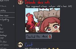  2girls animal_print bracelet centurii-chan_(artist) commentary deez_nuts_(meme) discord elephant english_commentary english_text fake_screenshot fake_website hannibal_(centurii-chan) highres jewelry leopard_print long_hair looking_at_viewer meme multiple_girls open_mouth original red_eyes red_hair smile 