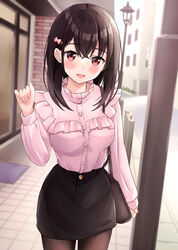  :d bag black_hair black_skirt blush bow breasts brick_wall brown_pantyhose commentary_request cowboy_shot day female hair_between_eyes hair_ornament hairbow hairclip hand_up harumiya_saki highres lamppost long_hair long_sleeves looking_at_viewer medium_breasts open_mouth original outdoors pantyhose pink_bow pink_shirt red_eyes shirt shoulder_bag skirt smile solo standing yukimaru217 