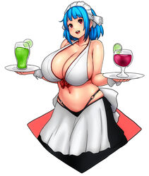  absurdres apron bare_shoulders blue_hair bow breasts cleavage commentary cowboy_shot cup drink english_commentary erkaz female highres holding huge_breasts medium_hair midriff navel original red_bow red_eyes rina_atherina simple_background sleeveless solo white_apron white_background 