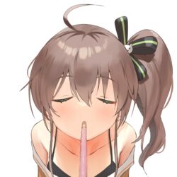  ahoge bare_shoulders blurry blush brown_hair closed_eyes collarbone depth_of_field facing_viewer female food foreshortening hair_ribbon hololive incoming_pocky_kiss mouth_hold natsuiro_matsuri natsuiro_matsuri_(1st_costume) off_shoulder one_side_up pocky pocky_day pov ribbon side_ponytail solo twin_(tt_lsh) virtual_youtuber 