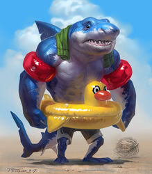  2017 animal_pool_toy animal_swim_ring anthro bent_legs blue_body clothed clothing digital_media_(artwork) fish flotation_device hi_res in_swim_ring inanimate_object inflatable inner_tube male marine muscular muscular_anthro muscular_male open_mouth pool_toy shark sharp_teeth solo standing swim_ring swimwear taran_fiddler teeth towel water_wings 