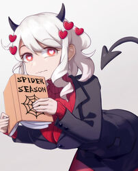  black_horns black_suit blush book breasts chinese_commentary commentary demon_girl demon_horns demon_tail female formal grey_background heart heart-shaped_pupils helltaker holding holding_book horns large_breasts ling_huanxiang long_sleeves looking_at_viewer medium_hair modeus_(helltaker) pantyhose red_eyes red_sweater ribbed_sweater simple_background sleeves_past_wrists solo suit sweater symbol-shaped_pupils tail turtleneck wavy_mouth white_hair 