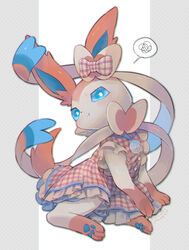  :t blue_eyes blush bow buttons closed_mouth clothed_pokemon commentary_request dress full_body highres kikuyoshi_(tracco) looking_at_viewer no_humans pokemon pokemon_(creature) pokemon_unite pout prehensile_ribbon short_sleeves solo spoken_squiggle squiggle sylveon sylveon_(checkered) 