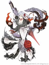  asymmetrical_bangs blood blood_on_clothes crossbow dress elbow_gloves female flower full_body gloves grey_eyes grey_hair hair_flower hair_ornament highres huge_weapon ji_no looking_at_viewer nightmare_(sinoalice) official_art rose sinoalice snow_white_(sinoalice) solo square_enix weapon white_background white_dress white_gloves 