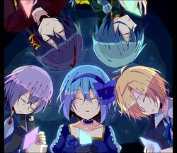  4boys ahoge antenna_hair aqua_hair ascot ashe_bradley black_capelet black_hair blonde_hair blue_dress blue_flower blue_hair blue_hairband blue_jacket blue_ribbon blue_rose blue_shirt bluestar_iz bow_hairband braid brooch capelet circle_formation claire_elford closed_eyes closed_mouth collar collarbone collared_shirt crescent crescent_earrings crossed_bangs dark_background dress dress_flower dyed_ahoge earrings female flower frilled_collar frills from_above gloves hair_between_eyes hair_over_one_eye hair_tubes hairband holding jacket jewelry long_hair lying multiple_boys neck_ribbon noel_levine on_back on_side parted_lips pillarboxed portrait purple_hair ribbon rose shards shirt short_hair single_earring sirius_gibson wilardo_adler witch&#039;s_heart 