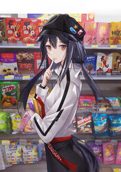  0_(znanimo) absurdres alternate_costume animal_ears arknights black_hair black_hat black_skirt clothes_writing commentary female finger_to_mouth food from_side hat hat_pin highres holding indoors long_sleeves looking_at_viewer low_twintails pocky shirt shop shopping shushing skirt solo symbol-only_commentary tail texas_(arknights) twintails twintails_day white_shirt wolf_ears wolf_girl wolf_tail 