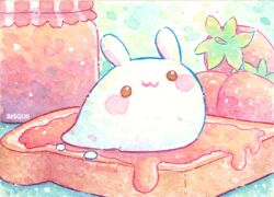  :3 animal artist_name bisquii bread bread_slice food food_focus fruit jam jar milk mu no_humans original painting_(medium) pastel_colors rabbit strawberry strawberry_jam toast traditional_media watercolor_(medium) 