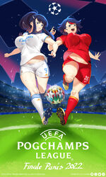  2girls absurdres alternate_breast_size ball blue_eyes breasts cleats hair_ornament hairclip highres huge_breasts impossible_clothes impossible_shirt kill_la_kill kiryuuin_satsuki kneehighs liverpool_fc logo_parody long_hair lulu-chan92 matoi_ryuuko motion_blur multiple_girls ponytail real_madrid red_shirt red_shorts red_socks running shirt short_hair shorts siblings sidelocks sisters soccer soccer_ball soccer_uniform socks sportswear sweat thick_thighs thighs uefa_champions_league variant_set white_shirt white_shorts white_socks 