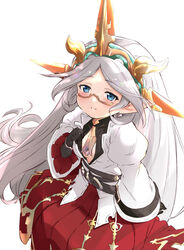  belt black_gloves blue_eyes breasts center_opening commentary female glasses gloves granblue_fantasy harvin highres long_hair pointy_ears ryuu-tan_(miuron) skirt small_breasts smile solo tiara very_long_hair white_background white_hair zahlhamelina 