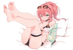  barefoot bed_sheet bikini black_bikini blush breasts commentary_request eyebrows eyewear_on_head feet female flying_sweatdrops foot_focus full_body girls&#039;_frontline greek_toe green_eyes hair_between_eyes highres kahlua_(artist) legs legs_up long_hair looking_at_viewer lying medium_breasts off_shoulder official_alternate_costume on_back one_eye_closed pillow ponytail r93_(girls&#039;_frontline) r93_(holiday_lucky_star)_(girls&#039;_frontline) revision simple_background soles solo sunglasses swimsuit thigh_strap toes white_background white_bikini 