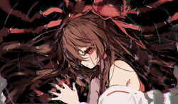  bare_shoulders blush bow brown_hair closed_mouth commentary_request detached_sleeves female hair_between_eyes hairbow hakurei_reimu japanese_clothes long_hair nontraditional_miko partial_commentary piyokichi red_bow red_eyes ribbon-trimmed_sleeves ribbon_trim sidelocks solo touhou white_sleeves wide_sleeves 