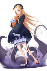  abigail_williams_(fate) black_bow black_dress black_footwear black_hat blonde_hair blue_eyes blush bow commentary dress english_commentary fate/grand_order fate_(series) female fog hairbow hat highres kama_(kama_ovo) long_hair long_sleeves looking_at_viewer multiple_bows orange_bow parted_bangs simple_background sleeves_past_wrists smile solo standing stuffed_toy tentacle very_long_hair white_background 