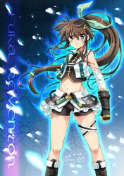  artist_name black_shorts blue_eyes blush breasts brown_hair character_name closed_mouth dated elbow_gloves female fingerless_gloves fuka_reventon gloves hair_ornament hair_ribbon highres long_hair looking_at_viewer lyrical_nanoha midriff navel ponytail ribbon san-pon shorts sleeveless small_breasts solo standing vivid_strike! 