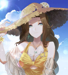  breasts brown_hair cleavage day dress female flower grey_eyes hand_up hat hat_flower hijinrui_gakuen jewelry kuromame_grimm lens_flare long_hair looking_at_viewer necklace outdoors solo starfish_earrings straw_hat sun_hat upper_body yellow_dress 