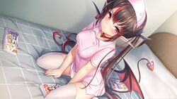  akasaai bed black_hair blush cosplay demon game_cg headdress long_hair lovelia necklace nurse orange_eyes qureate succubus tail thighhighs troubledays twintails wings zettai_ryouiki 