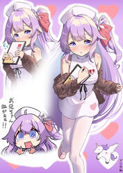  @_@ absurdres ahoge azur_lane bare_shoulders brown_cardigan butterfly_hair_ornament cardigan chibi clipboard commentary dress female flying_sweatdrops hair_ornament hair_ribbon hat highres holding holding_clipboard long_hair looking_at_viewer manjuu_(azur_lane) marimo_daifuku multiple_views nurse_cap off_shoulder official_alternate_costume one_side_up pantyhose parted_lips pink_footwear purple_eyes purple_hair red_ribbon ribbon short_dress signature sleeveless sleeveless_dress translation_request unicorn_(angelic_nurse)_(azur_lane) unicorn_(azur_lane) white_dress white_pantyhose 