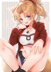  animal_ear_fluff animal_ears belt black_belt blonde_hair blush braid breasts cat_ears cleavage collarbone commentary fate/apocrypha fate_(series) female green_eyes hair_ornament hair_scrunchie highres jacket jewelry long_hair long_sleeves looking_at_viewer lower_teeth_only medium_breasts mordred_(fate) mordred_(fate/apocrypha) mordred_(memories_at_trifas)_(fate) navel necklace oerba_yun_fang ponytail red_jacket red_scrunchie scrunchie short_shorts shorts sitting skin_fang solo suna_co tail teeth translated 