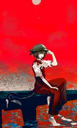  abstract_background animal_ear_piercing animal_ears brown_hair cat_ears cat_girl cat_tail chen dress female fish_skeleton full_body green_hat hat highres jewelry looking_at_viewer mob_cap multiple_tails on_(_l0_) open_mouth red_background red_dress shirt short_hair sitting sleeveless sleeveless_dress solo tail tongue tongue_out touhou two_tails white_shirt 