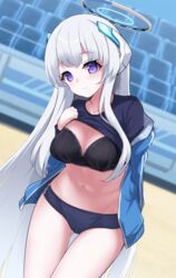  ass_visible_through_thighs black_bra blue_archive blush bra breasts buruma cleavage clothes_lift female grey_hair gym_uniform halo highres jacket large_breasts long_hair looking_at_viewer mechanical_halo noa_(blue_archive) purple_eyes rumiya9i shirt_lift smile solo standing thigh_gap thighs underwear very_long_hair 