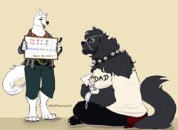  anthro belplasmawolf canid canine canis cuff_(restraint) digital_media_(artwork) duo english_text eye_patch eyewear handcuffs hi_res male male/male mammal metal_cuffs overweight overweight_male piercing programming programming_humor restraints shadow_von_wolfkin slightly_chubby text wolf 