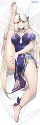  absurdres bare_shoulders barefoot blue_dress blush breasts cleavage dress feet female full_body genshin_impact hair_ornament highres large_breasts legs long_hair looking_at_viewer ninai ningguang_(genshin_impact) ningguang_(orchid&#039;s_evening_gown)_(genshin_impact) official_alternate_costume parted_bangs red_eyes sidelocks soles solo spread_legs tassel tassel_hair_ornament white_hair 