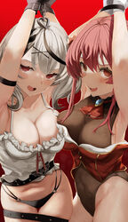  2girls @_@ absurdres arms_up bikini black_bikini black_hair blush bondage bondage bound breasts cleavage covered_navel hair_ornament heterochromia highres hololive houshou_marine houshou_marine_(1st_costume) houshou_marine_(marching_band) large_breasts leotard leotard_under_clothes multicolored_hair multiple_girls official_alternate_costume open_mouth ponnu_(nikeytina) red_eyes red_hair sakamata_chloe sakamata_chloe_(1st_costume) short_hair sweat swimsuit virtual_youtuber white_hair x_hair_ornament yellow_eyes 