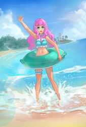  aqua_shirt blouse blue_eyes collared_shirt drelouder female frilled_shirt frills highres innertube laura_la_mer lighthouse long_hair looking_at_viewer multicolored_shirt navel ocean outdoors pearl_hair_ornament pink_hair precure shirt sleeveless sleeveless_shirt solo summer swim_ring swimsuit thigh_strap thighs tropical-rouge!_precure waving 