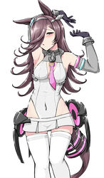  animal_ears arm_behind_head armpits arms_up black_gloves black_hair blush breasts cleavage commentary_request commission cosplay covered_navel deno_(denomina0) detached_sleeves ear_ornament female gloves grey_hairband grey_leotard grey_skirt grey_sleeves hair_over_one_eye hairband half-closed_eyes head_tilt highleg highleg_leotard highres horse_ears horse_girl horse_tail horseshoe_ornament leotard light_frown long_bangs looking_at_viewer medium_hair microskirt mihono_bourbon_(umamusume) mihono_bourbon_(umamusume)_(cosplay) necktie parted_lips partial_commentary pink_necktie pleated_skirt purple_eyes rice_shower_(umamusume) rigging simple_background single_horizontal_stripe skeb_commission skirt sleeveless solo standing tail tail_ornament thighhighs umamusume white_background white_thighhighs 