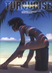  ass bandeau barefoot beach black_hair blue_sky c-string cloud dappled_sunlight dark-skinned_female dark_skin day feet_out_of_frame female fingernails from_behind from_side fushigi_no_umi_no_nadia highres hunched_over log nadeara_bukichi nadia_la_arwall non-web_source ocean open_mouth outdoors page_number palm_tree scan shade shore short_hair sitting sky solo strapless strapless_bottom sunlight translation_request tree tree_shade tube_top under_tree white_bandeau 