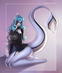  2020 5_fingers 5_toes anthro blue_eyes blue_hair breasts cetacean clothed clothing digital_media_(artwork) dolphin eyebrows eyelashes feet female fin fingers hair hoodie houki_(kazami) hybrid kneeling mammal marine oceanic_dolphin solo tail text text_on_clothing text_on_hoodie text_on_topwear toes toothed_whale topwear yasmil 