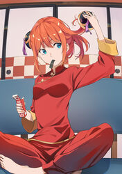  blue_eyes chinese_clothes commentary female food_in_mouth gintama hair_down hairdressing hand_up highres ibaraki_shun indoors kagura_(gintama) making-of_available orange_hair pants red_pants red_shirt seaweed shirt sitting solo 