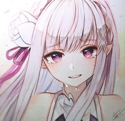  blunt_bangs crying crying_with_eyes_open emilia_(re:zero) female flower gangbyeon grey_hair hair_flower hair_ornament highres long_hair looking_at_viewer pointy_ears purple_eyes re:zero_kara_hajimeru_isekai_seikatsu rose smile solo tears traditional_media white_flower white_rose x_hair_ornament 