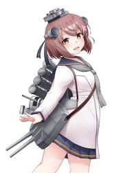  anchor_symbol bad_id bad_twitter_id blue_sailor_collar blush brown_eyes brown_hair dress feet_out_of_frame female flower grey_neckerchief hair_between_eyes hair_flower hair_ornament kantai_collection kirigakure_(kirigakure_tantei_jimusho) long_sleeves machinery neckerchief open_mouth pink_flower rigging sailor_collar sailor_dress short_hair simple_background smile solo turret white_background white_dress yukikaze_(kancolle) yukikaze_kai_ni_(kancolle) 