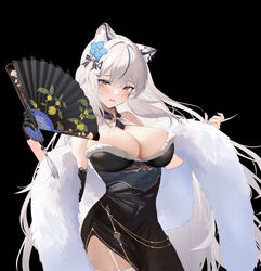  animal_ear_fluff animal_ears black_background black_dress black_gloves black_sleeves blue_flower blue_nails blush breasts calder chinese_commentary cleavage commentary cowboy_shot detached_sleeves dress ear_piercing facial_mark female fingernails flower folding_fan fur-trimmed_dress fur_shawl fur_trim garter_straps gloves gold_trim grey_hair hair_flower hair_ornament hairclip half_gloves hand_fan hands_up highres holding holding_fan large_breasts long_hair looking_at_viewer lower_teeth_only multicolored_hair nail_polish natsuumi_marin_(riichi_city) official_art open_mouth piercing riichi_city shawl side_slit simple_background single_glove single_sleeve solo streaked_hair tassel teeth thighhighs tiger_ears tiger_girl very_long_hair whisker_markings white_thighhighs yellow_eyes 