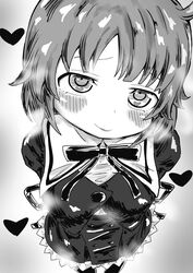  absurdres ao_daidai_ki arms_behind_back assault_lily black_skirt blush breasts buttons closed_mouth commentary cowboy_shot cropped_jacket female foreshortening frilled_skirt frills from_above futagawa_fumi grey_background greyscale halftone head_tilt heart heart_in_eye high-waist_skirt highres long_hair looking_at_viewer looking_up medium_breasts miniskirt monochrome neck_ribbon pantyhose puffy_sleeves raised_eyebrows ribbon school_uniform shirt skirt smile solo standing steaming_body symbol_in_eye yurigaoka_girls_academy_school_uniform 