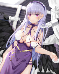  absurdres azur_lane bare_arms bare_shoulders black_hairband black_wings blunt_bangs blush breasts cleavage closed_mouth commentary_request cowboy_shot dido_(anxious_bisque_doll)_(azur_lane) dido_(azur_lane) disembodied_hand dress feathered_wings female gloves grey_hair hairband halter_dress halterneck highres holding_hands linz_(linzimmm) official_alternate_costume out_of_frame pelvic_curtain purple_dress purple_eyes sleeveless sleeveless_dress solo_focus white_gloves wings 