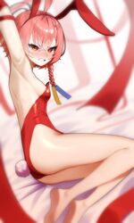  absurdres ahoge animal_ears arm_up armpits backless_leotard bare_legs bare_shoulders barefoot blue_archive blurry blush braid breasts clenched_teeth fake_animal_ears fake_tail feet_out_of_frame female frown hairband highleg highleg_leotard highres legs_folded leotard lying mole mole_under_each_eye mole_under_eye multiple_moles neru_(blue_archive) neru_(bunny)_(blue_archive) on_side pink_hair playboy_bunny rabbit_ears rabbit_tail red_eyes red_leotard red_ribbon ribbon sbgu short_hair small_breasts solo strapless strapless_leotard tail teeth thighs v-shaped_eyebrows 