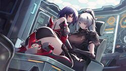  2girls absurdres aether_gazer arm_guards ass bare_shoulders black_bodysuit black_gloves black_legwear black_skirt blue_eyes blush bodysuit boots breasts buzenbo_(aether_gazer) closed_mouth gloves green_eyes heterochromia highres jiusan_naitang kotachi_(aether_gazer) large_breasts long_hair looking_at_another looking_away multiple_girls parted_lips ponytail purple_hair red_eyes short_hair short_sleeves sitting skirt smile thigh_boots thighhighs yellow_eyes 