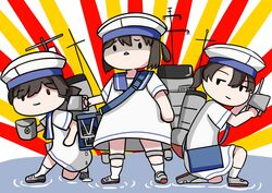  3girls adapted_turret black_hair blue_collar bob_cut cannon charlie&#039;s_angels collar daitou_(kancolle) dress eyes_visible_through_hair hat hiburi_(kancolle) high_ponytail highres kantai_collection ken_(shutenndouji1) low_ponytail machinery multiple_girls pose sailor_collar sailor_dress sailor_hat shoes short_hair short_sleeves shounan_(kancolle) sidelocks solid_circle_eyes standing standing_on_liquid sunburst sunburst_background turret twintails uwabaki white_dress white_headwear white_legwear 