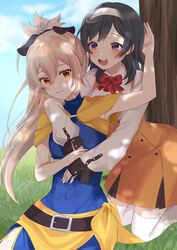  2girls black_hair black_ribbon blonde_hair commentary_request dress hair_ribbon hairband highres hug hug_from_behind kneeling long_hair long_sleeves medium_hair menou_(virgin_road) multiple_girls open_mouth orange_dress orange_eyes outdoors ponytail purple_eyes red_ribbon ribbon shokei_shoujo_no_virgin_road smile thighhighs tokitou_akari wei_yong white_hairband white_thighhighs yuri 