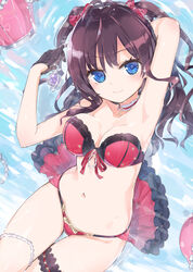  ahoge arm_up armpits bare_shoulders bikini black_gloves blue_eyes blush bow breasts bridal_garter brown_hair cleavage closed_mouth collarbone female gloves hairbow highres homura_subaru ichinose_shiki idolmaster idolmaster_cinderella_girls large_breasts long_hair looking_at_viewer navel red_bikini red_bow revision smile solo swimsuit two_side_up water wavy_hair 