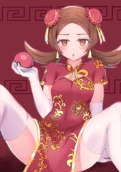  :o alternate_costume arm_support blush brown_eyes brown_hair bun_cover chinese_clothes cleavage_cutout clothing_cutout commentary_request covered_navel double_bun dress elbow_gloves eyelashes female gloves hair_bun highres holding holding_poke_ball huziiro_matutya long_hair lyra_(pokemon) m_legs poke_ball poke_ball_(basic) pokemon pokemon_hgss red_dress sitting solo spread_legs thighhighs twintails white_gloves white_thighhighs 