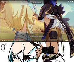  1boy blonde_hair cyno_(genshin_impact) dark-skinned_male dark_skin desert egyptian_clothes english_text female game_screenshot_inset genshin_impact grabbing grabbing_another&#039;s_breast hair_ornament highres interracial lumine_(genshin_impact) parody pharaoh_hound red_eyes sesield straight white_hair 