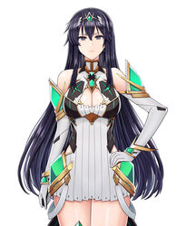  absurdres arm_guards ayra_(fire_emblem) backless_dress backless_outfit bare_legs bare_shoulders black_hair breasts chest_jewel cleavage cleavage_cutout clothing_cutout cosplay cowboy_shot dress earrings elbow_gloves expressionless female fire_emblem fire_emblem:_genealogy_of_the_holy_war gloves grey_eyes hand_on_own_hip highres jewelry large_breasts long_hair looking_at_viewer microdress mythra_(xenoblade) mythra_(xenoblade)_(cosplay) saikunartworks short_dress simple_background solo tiara very_long_hair white_background white_dress white_gloves xenoblade_chronicles_(series) xenoblade_chronicles_2 