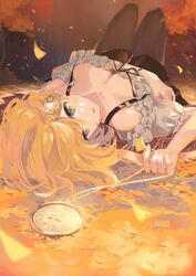  absurdres autumn autumn_leaves blonde_hair blue_eyes breasts cleavage falling_leaves female hair_ornament highres hololive hololive_english knees_up leaf lying official_alternate_costume on_back outdoors parted_lips pocket_watch timo_wei95 virtual_youtuber watch watson_amelia watson_amelia_(street_casual) 