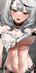  abs absurdres armpit_crease belt black_hair braid breasts camisole collar female french_braid frills grey_hair hair_ornament hairclip heart_collar highres hololive medium_breasts medium_hair midriff multicolored_hair navel no_bra open_mouth ponnu_(nikeytina) red_eyes sakamata_chloe sakamata_chloe_(1st_costume) shirt solo sweat two-tone_hair underboob virtual_youtuber wet wet_clothes wet_shirt 