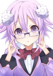  adjusting_eyewear bimmy blazer blush bow bowtie d-pad d-pad_hair_ornament female gekijigen__blanc_+_neptune_vs_zombie_gundan glasses hair_between_eyes hair_ornament highres jacket long_sleeves looking_at_viewer medium_hair neptune_(neptunia) neptune_(series) open_mouth purple_eyes purple_hair school_uniform shirt simple_background solo upper_body white_background white_shirt 