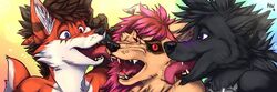  black_sclera blue_eyes canid canine canis collar ear_piercing face_lick fangs female fox fur group licking male mammal open_mouth piercing pink_body pink_fur purple_eyes red_eyes reddy_(reddyrennard) shadow_von_wolfkin spiked_collar spikes teeth tongue tongue_out trio wolf 